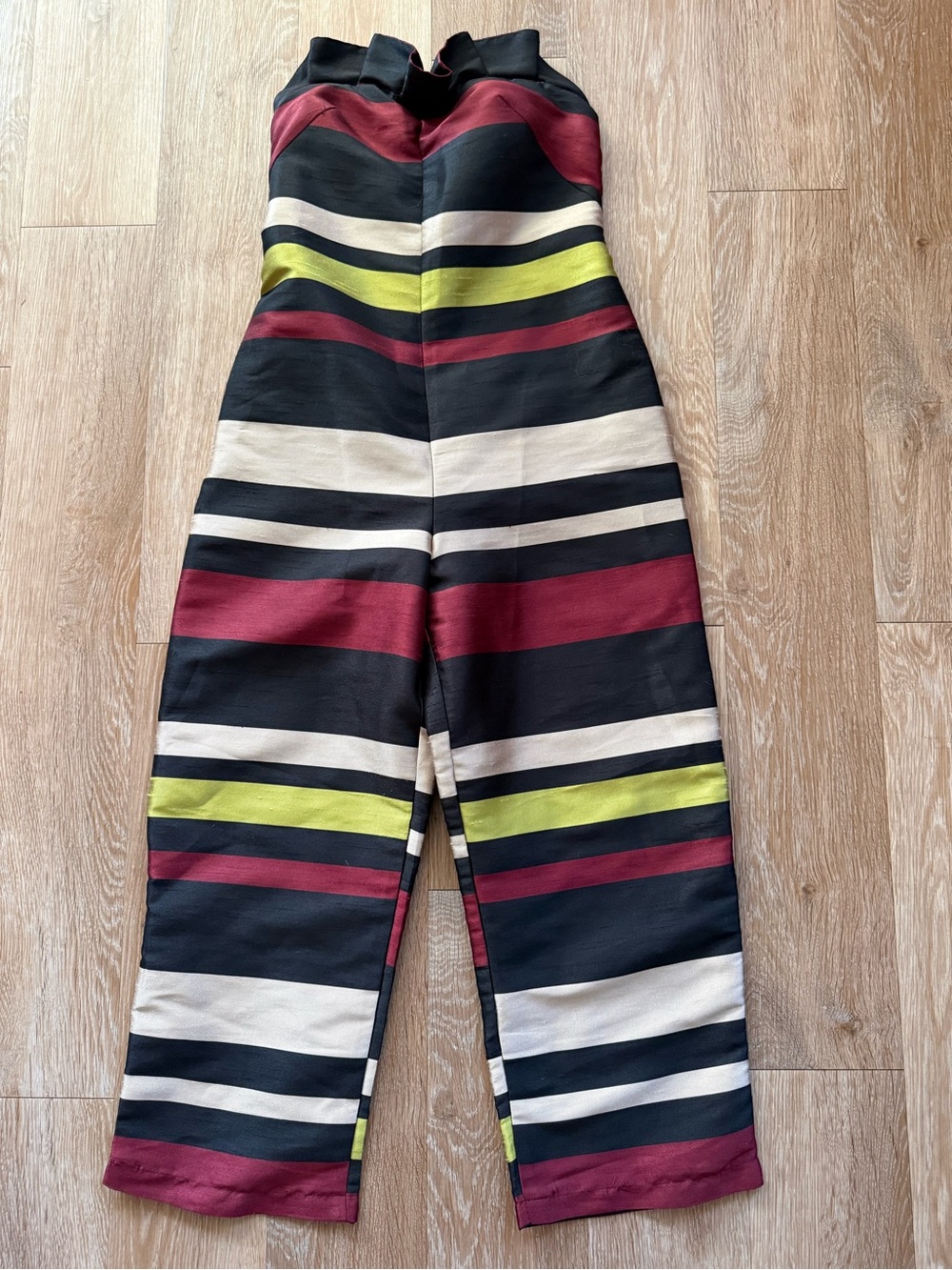 ASOS Striped Strapless Wide-Leg Jumpsuit in Black, Burgundy & Lime